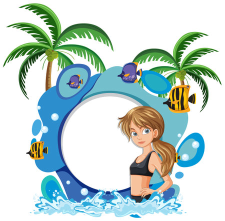 Girl with tropical fish and palm treesのイラスト素材