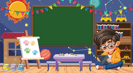 Child in classroom with art suppliesのイラスト素材