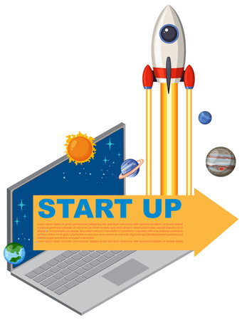 Rocket launching from laptop with planets and starsのイラスト素材
