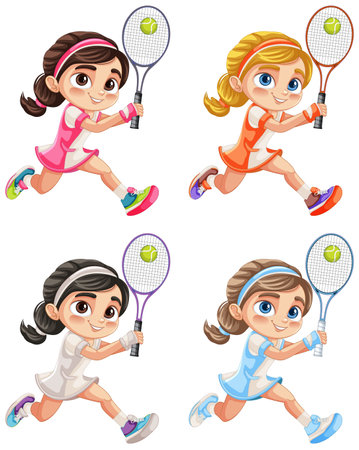 Four girls in action with tennis racketsのイラスト素材
