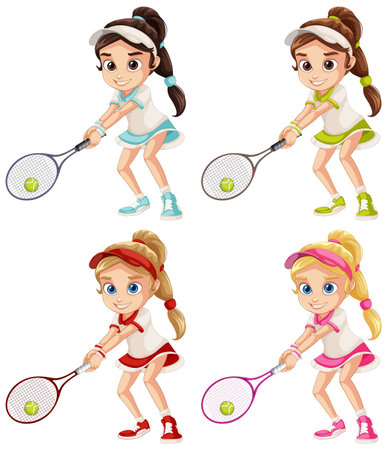 Four girls in tennis outfits with racketsのイラスト素材