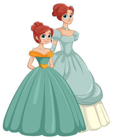 Two princesses in elegant, colorful dressesのイラスト素材
