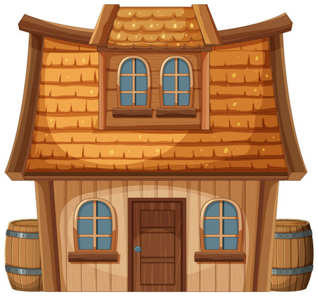 Cozy wooden house with barrels outsideのイラスト素材