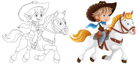 A cheerful cowboy riding a white horseのイラスト素材
