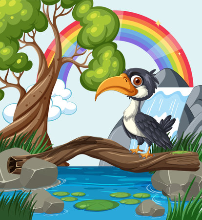 Bird on branch near waterfall and rainbowのイラスト素材