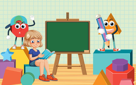 Child reading with animated shapes in classroomのイラスト素材