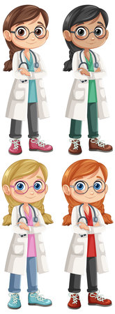 Four diverse female doctors standing confidentlyのイラスト素材