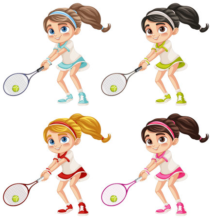 Four girls in tennis outfits with racketsのイラスト素材