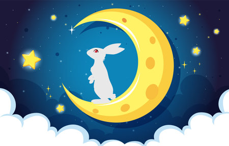 A rabbit sits on a crescent moon, surrounded by starsのイラスト素材