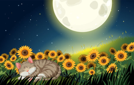 A cat rests among sunflowers under a full moonのイラスト素材