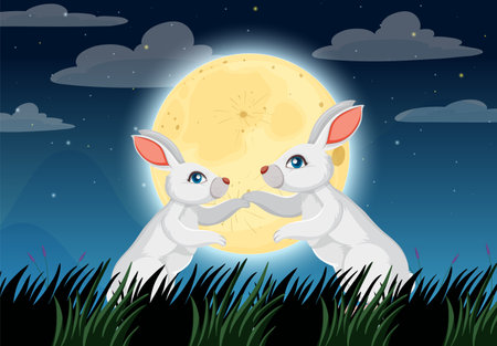 Two rabbits play under a glowing full moonのイラスト素材