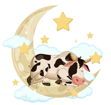 A cow peacefully sleeps on a crescent moonのイラスト素材