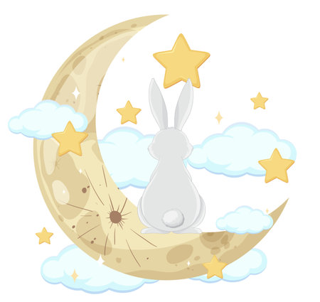 A rabbit sits on a crescent moon with starsのイラスト素材