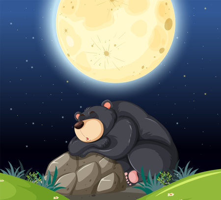 A bear peacefully sleeps beneath a glowing moonのイラスト素材