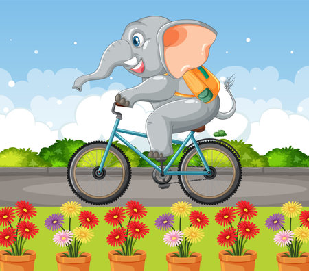 Elephant joyfully rides a bicycle through flowersのイラスト素材