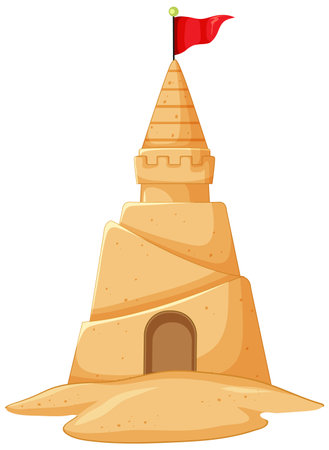 A tall sandcastle with a vibrant red flagのイラスト素材
