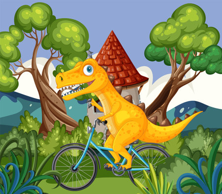 A cheerful dinosaur cycling through a lush forestのイラスト素材