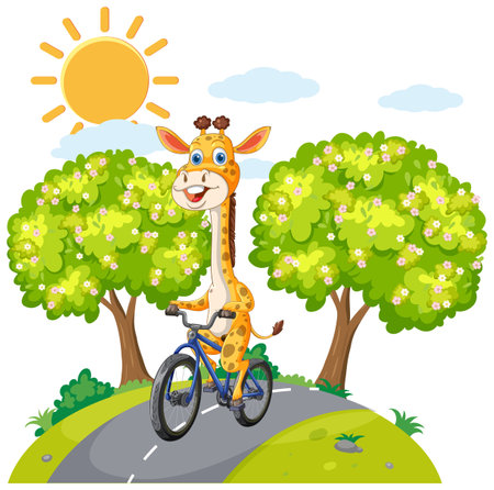 A cheerful giraffe cycling on a sunny dayのイラスト素材