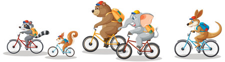 Cartoon animals riding bicycles together joyfullyのイラスト素材