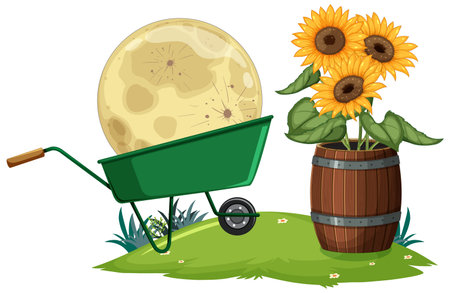 A moon in a wheelbarrow beside sunflowersのイラスト素材