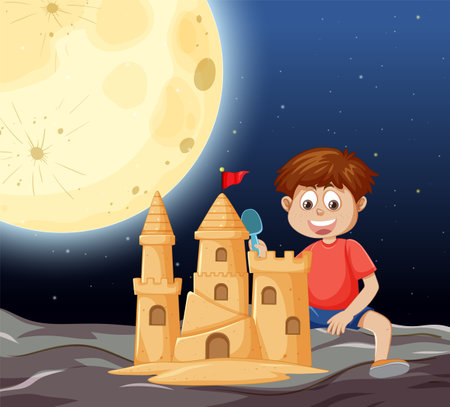 A child creates a sandcastle beneath a bright moonのイラスト素材