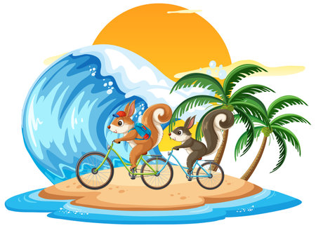 Two squirrels cycling by ocean waves and palm treesのイラスト素材