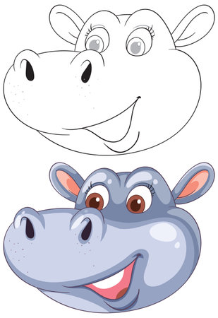 Smiling hippo face in color and outlineのイラスト素材