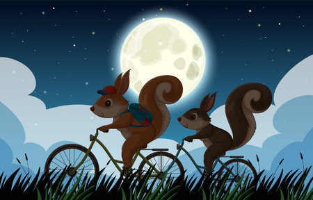 Two squirrels ride bikes beneath a full moonのイラスト素材