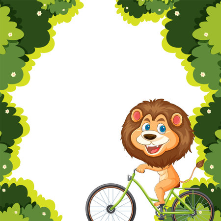A cheerful lion cycling through lush greeneryのイラスト素材