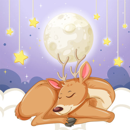 A peaceful deer sleeps beneath a glowing moonのイラスト素材