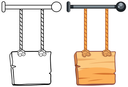Wooden sign hanging from ropes, color and outline versionsのイラスト素材