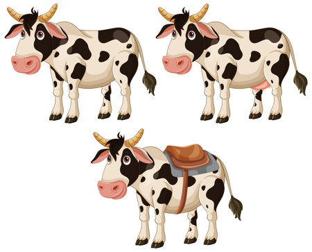 Three cows, one with a saddleのイラスト素材
