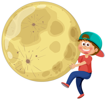 A child hugging a large, glowing moonのイラスト素材