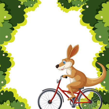 A cheerful kangaroo cycling through lush greeneryのイラスト素材