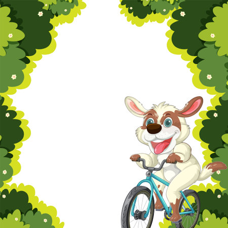 Happy dog cycling through a leafy frameのイラスト素材