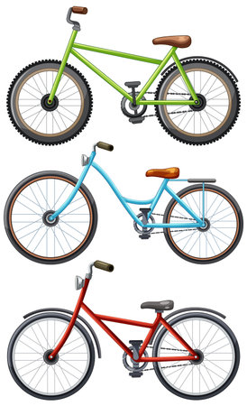 Three bicycles in green, blue, and red
