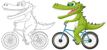 A cheerful crocodile cycling on a blue bikeのイラスト素材