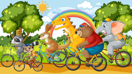 Animals race bicycles under a sunny, rainbow-filled skyのイラスト素材