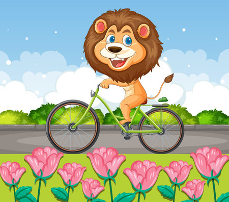 A cheerful lion cycling through a flower gardenのイラスト素材