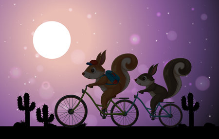 Two squirrels ride bicycles in a desert nightのイラスト素材