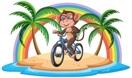 A monkey rides a bike on a sandy islandのイラスト素材