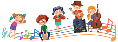 Kids playing instruments on colorful musical notesのイラスト素材