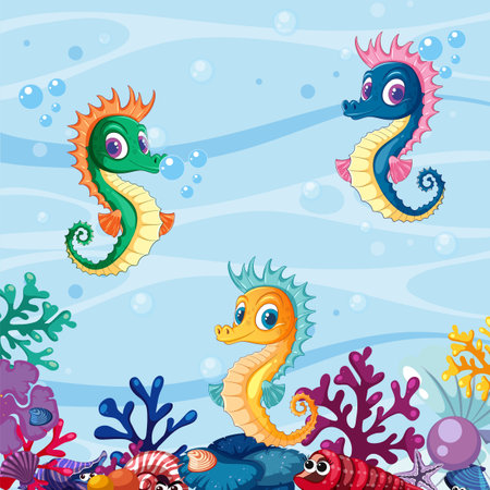 Three seahorses swimming among colorful coral and bubblesのイラスト素材