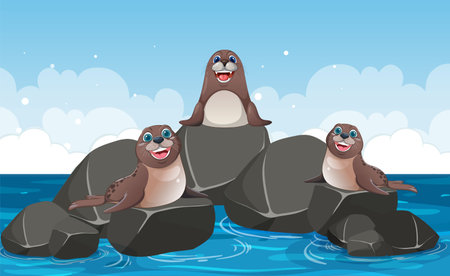 Three happy seals lounging on ocean rocksのイラスト素材