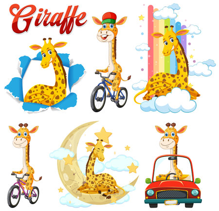Whimsical giraffes in various fun scenariosのイラスト素材