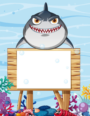 Shark above a wooden underwater signのイラスト素材