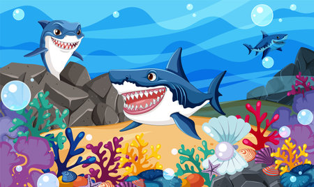 Playful sharks swim among vibrant coral reefsのイラスト素材