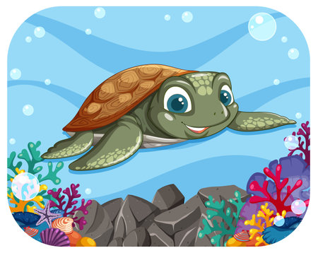 A turtle swims among colorful coral and rocksのイラスト素材