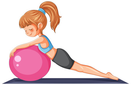 Young girl practicing yoga with a stability ballのイラスト素材