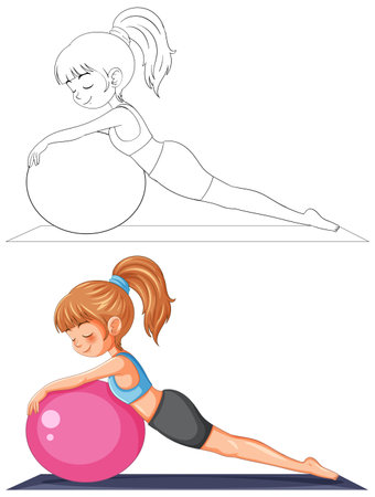 Young girl stretching on a pink exercise ballのイラスト素材